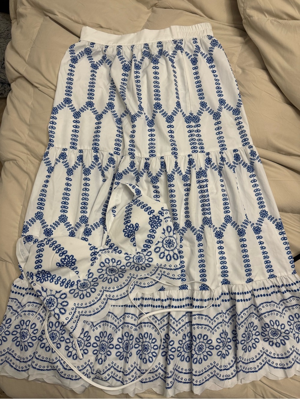 Commense White Maxi Skirt with Blue Embroidery